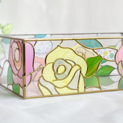 ペーパータオルケース(キッチンペーパーケース)　イエローとピンクのバラ　ゴールドライン　ステンドグラス風グラスアート 8枚目の画像