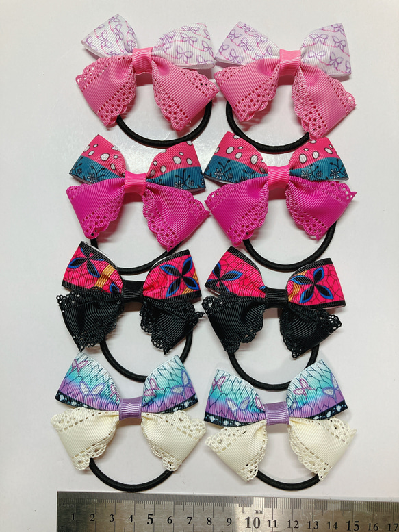 ハンドメイド リボン ヘアゴム 8個セット 和柄 黒 ピンク 紫