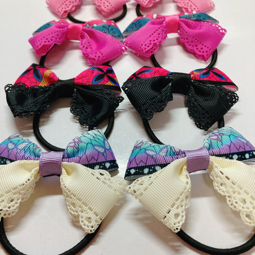 ハンドメイド リボン ヘアゴム 8個セット 和柄 黒 ピンク 紫