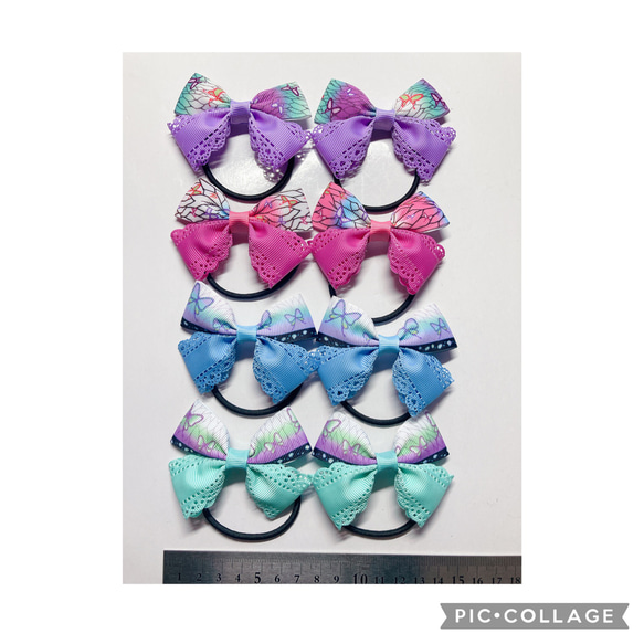 ハンドメイド リボン ヘアゴム ピンク 紫 緑 レース 蝶 和柄 ヘアゴム  