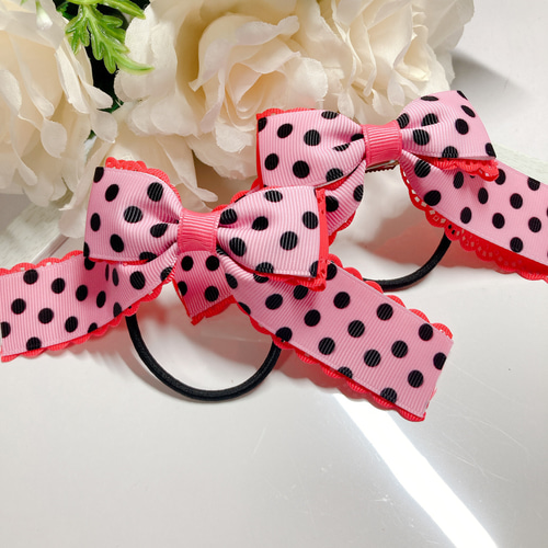 選べる 2色4個セット ハンドメイド リボン ドット チア ダンス 水玉