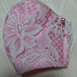 インナーマスク　白チュールレース　ピンクサテン　パール　ラインストーン　フィルター　ポケット 1枚目の画像