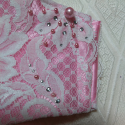 インナーマスク　白チュールレース　ピンクサテン　パール　ラインストーン　フィルター　ポケット 2枚目の画像