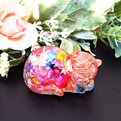 花と眠り猫 オルゴニャイト4(オルゴナイト) 水晶☆ レジン その他置物
