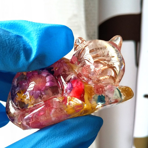 花と眠り猫 オルゴニャイト4(オルゴナイト) 水晶☆ レジン その他置物