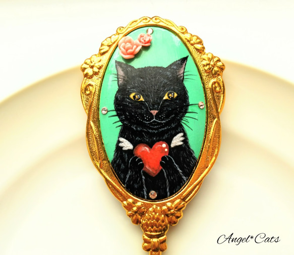 黒猫とハートの手鏡 トールペイント 2枚目の画像