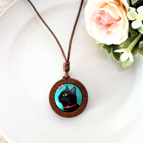 イケニャン黒猫☆ 木枠ネックレス トールペイント ネックレス