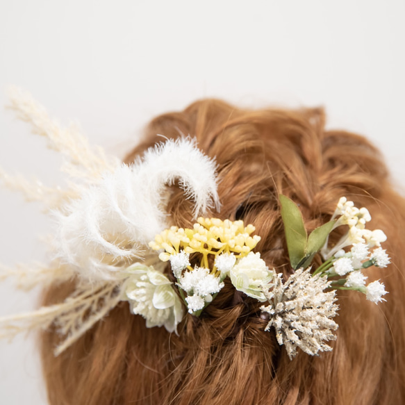 【ショートヘアーやショートボブの花嫁様に】ドライフラワー風ヘッドパーツF　秋冬のBOHOウェディングの髪飾り 7枚目の画像