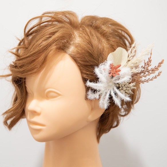 【ショートヘアーやベリーショートの花嫁様に】ドライフラワー風ヘッドパーツA　秋冬のBOHOウェディングの髪飾り 2枚目の画像