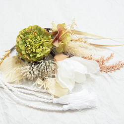 【秋冬の花嫁様の組紐アレンジ・玉ねぎアレンジに✳︎】ドライフラワー風ヘッドドレスH緑 グラミネ・パンパスグラスの髪飾り 8枚目の画像
