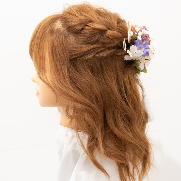 【卒業式袴桜の髪飾り ハーフアップD】ミディアム・ロングヘアードライフラワー風ヘッドドレス＆組紐・水引きゴールド 卒園式 4枚目の画像