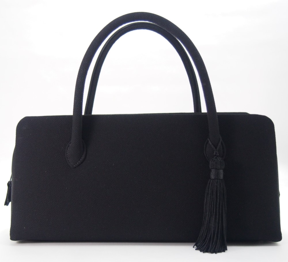 日本製 横長ブラックフォーマル ボストンバッグ タッセル付 生地 鳥目織