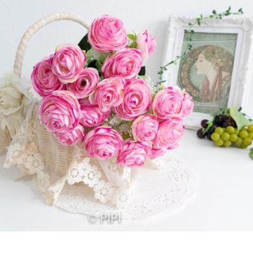 ちびねこ造花フラワーアレンジ　ピンクのフリルローズ　ミニ白薔薇など　卓上花 ちびねこ造花フラワーアレンジ ピンクのフリルローズ ミニ白薔薇