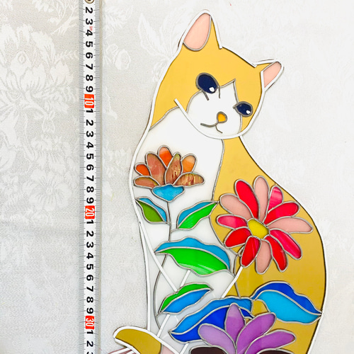 受注発注）37cmグラスアートゴールドの猫、ステンドグラスのような