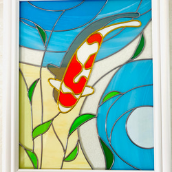 グラスアート,横２４㎝ガラスの縁起のいい鯉のデザイン,ステンドグラスのような和風インテリアフレーム,ga007 1枚目の画像