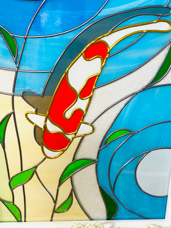 グラスアート,横２４㎝ガラスの縁起のいい鯉のデザイン,ステンドグラスのような和風インテリアフレーム,ga007 4枚目の画像