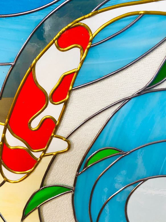 グラスアート,横２４㎝ガラスの縁起のいい鯉のデザイン,ステンドグラスのような和風インテリアフレーム,ga007 5枚目の画像