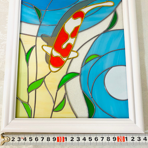 アンティーク　ガラス絵　壁飾り グラスアート,横24㎝ガラスの縁起のいい鯉のデザイン,ステンド