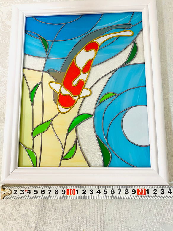 グラスアート,横２４㎝ガラスの縁起のいい鯉のデザイン,ステンドグラスのような和風インテリアフレーム,ga007 6枚目の画像