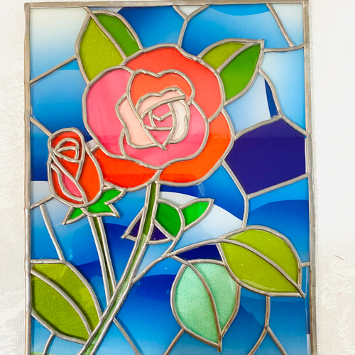 受注発注）縦25センチグラスアート、横20cmガラス薔薇のデザイン