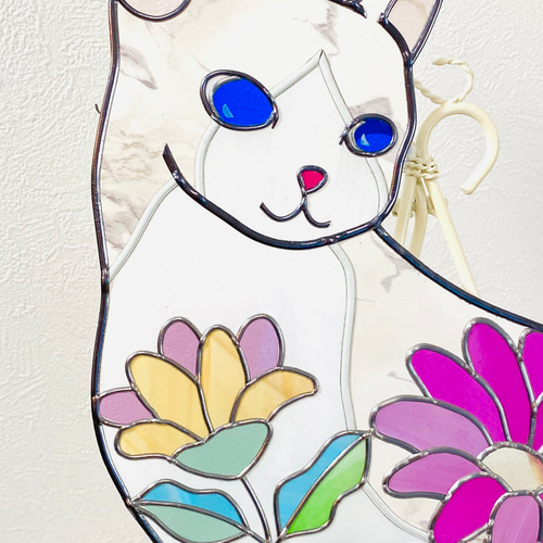 受注発注、37㎝グラスアート青い目白猫、ステンドグラスのような美しさ