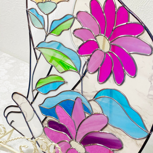 受注発注、37㎝グラスアート青い目白猫、ステンドグラスのような美しさ