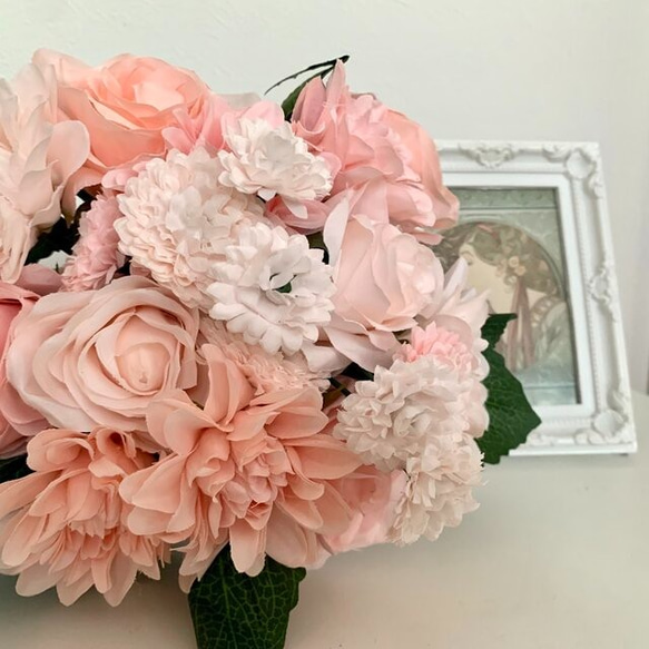 no9，ミックス,くすみカラー, 白, ピンク, ダリア, 薔薇 , 小菊