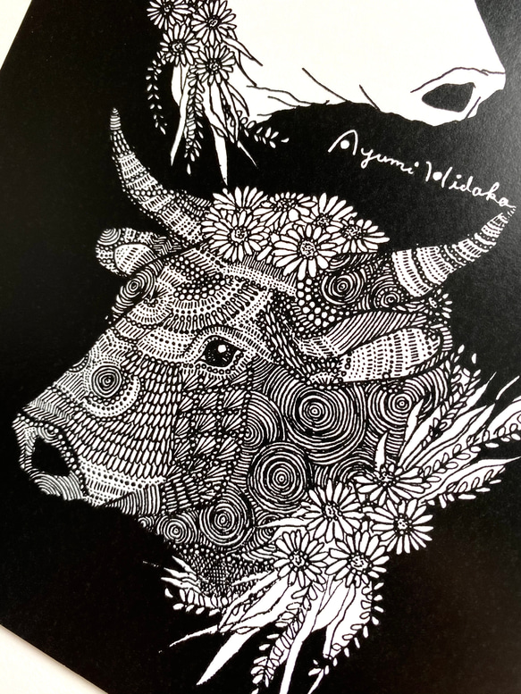 『花と牛』 A5ミニポスター(フレームなし)モノクロ動物 5枚目の画像