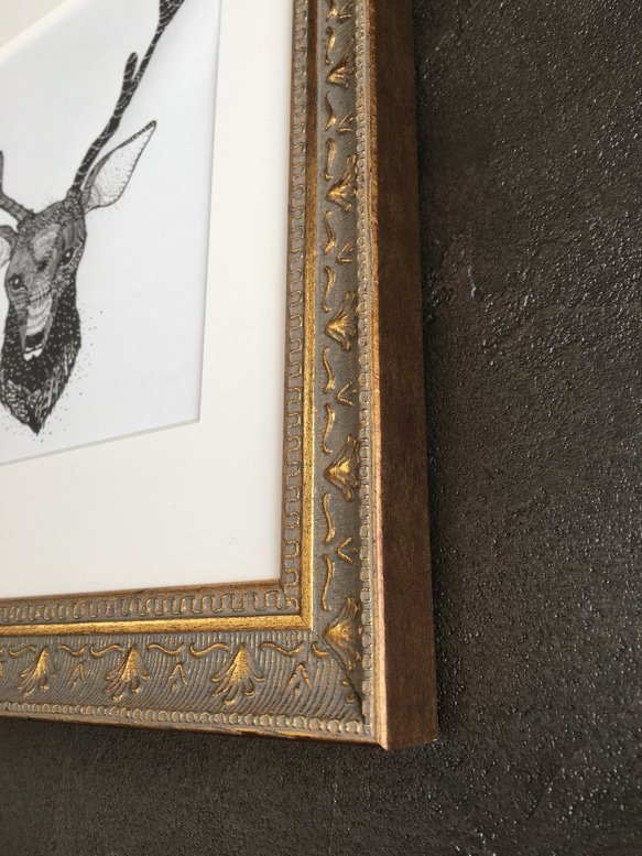 活版印刷ポスター『雪の鹿 (雄)』A5　しっかり額装付き　[特集掲載] 5枚目の画像