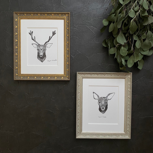 活版印刷ポスター『雪の鹿 (雄)』A5　しっかり額装付き　[特集掲載] 7枚目の画像