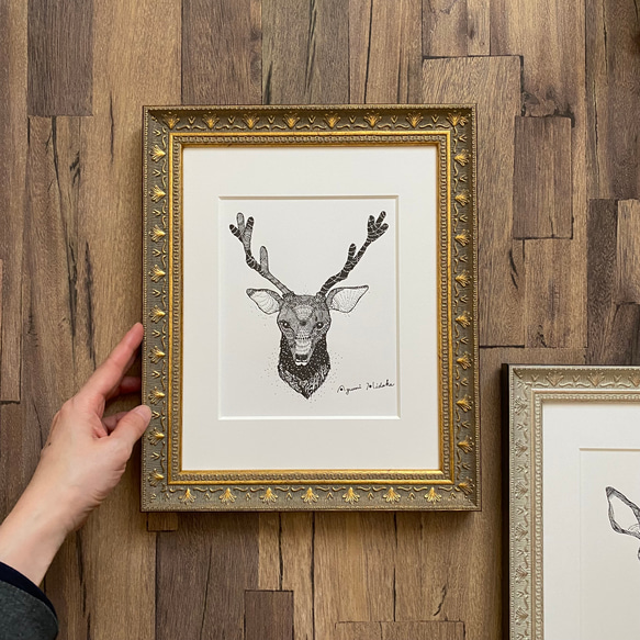 活版印刷ポスター『雪の鹿 (雄)』A5　しっかり額装付き　[特集掲載] 8枚目の画像