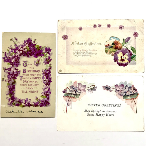 3枚セット アンティーク ポストカード スミレ パンジー パープル