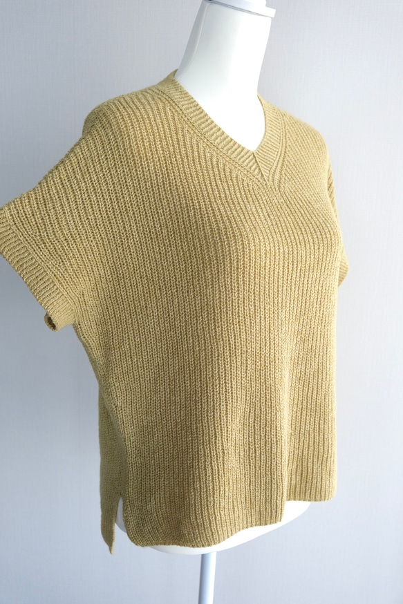【秋におすすめ】手編み半袖ニットセーター 黄色 1枚目の画像