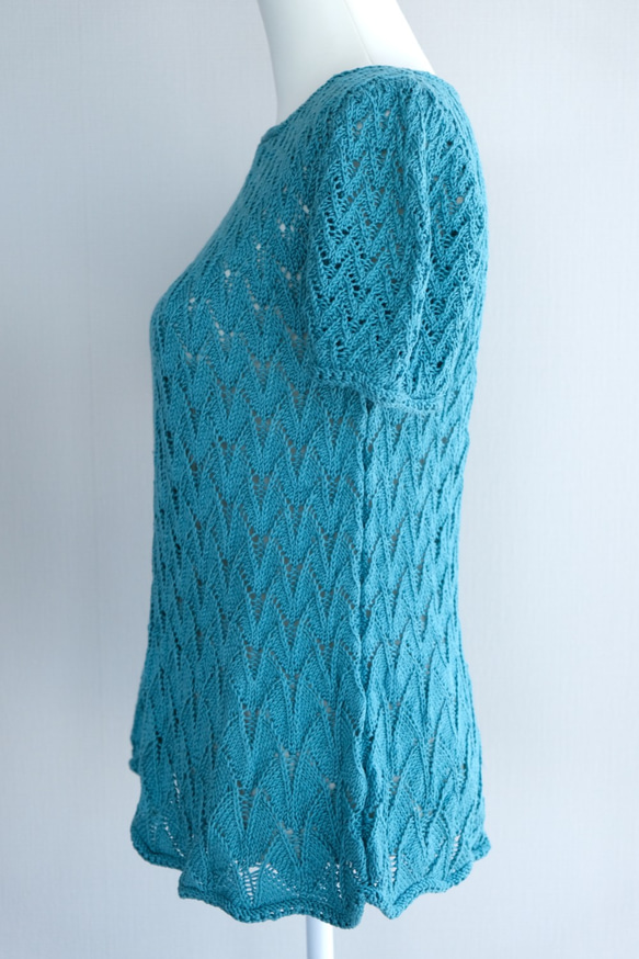 【夏におすすめ】手編み半袖ニットセーター　ブルー 4枚目の画像