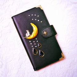 mikoto様手帳型スマホケース『猫と月のいる星空-黒-』ギャラクシーやアクオス等ほぼ全機種注文可能！ 1枚目の画像