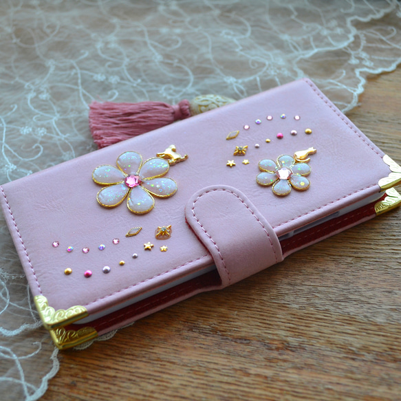 手帳型ケース『猫と花のiro』-Cherry Blossoms Pink- SWAROVSKI 1枚目の画像