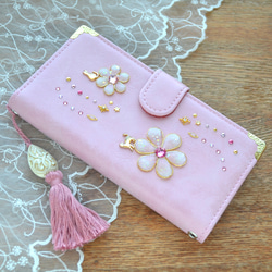手帳型ケース『猫と花のiro』-Cherry Blossoms Pink- SWAROVSKI 2枚目の画像