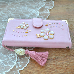 手帳型ケース『猫と花のiro』-Cherry Blossoms Pink- SWAROVSKI 3枚目の画像