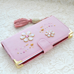 手帳型スマホケース『花のiro』-ピンク- スタンド機能付　手帳カバー 1枚目の画像