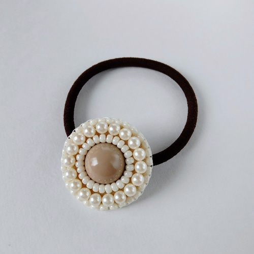ビーズ刺繍◇ヘアゴムs＃010ライトブラウン×アイボリー ヘアゴム isoa 