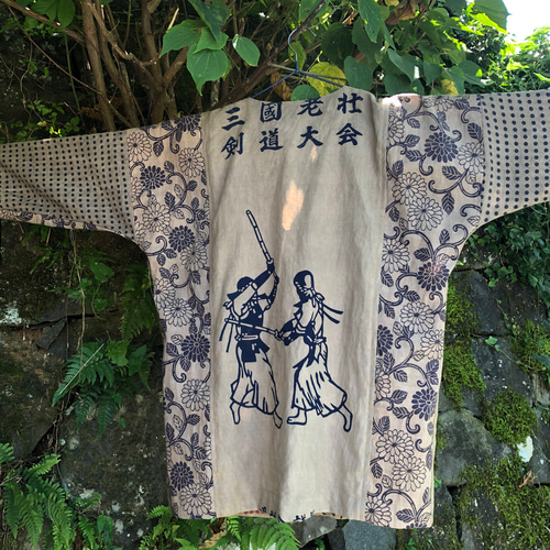 柿渋染め 鯉口シャツ 綿100％ 手ぬぐいリメイク 男性Mサイズ 一生懸命