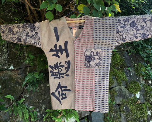 柿渋染め 鯉口シャツ 綿100％ 手ぬぐいリメイク 男性Mサイズ