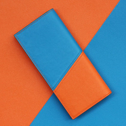 手縫い薄型長財布　エプソン/オレンジ-ブルー　本革 1枚目の画像