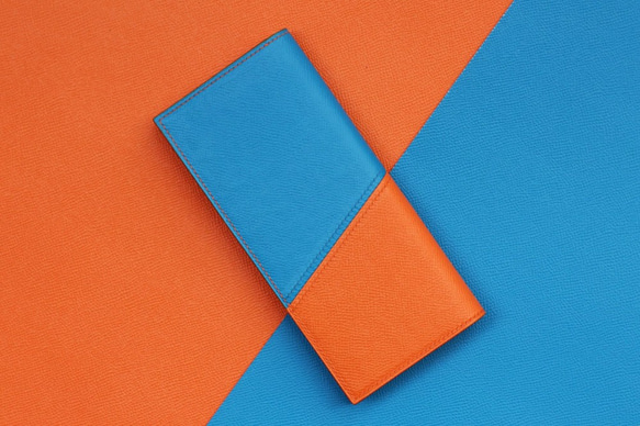 手縫い薄型長財布　エプソン/オレンジ-ブルー　本革 1枚目の画像