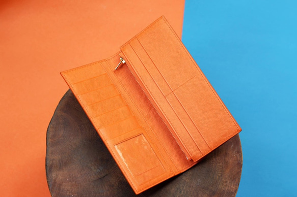 手縫い薄型長財布　エプソン/オレンジ-ブルー　本革 3枚目の画像