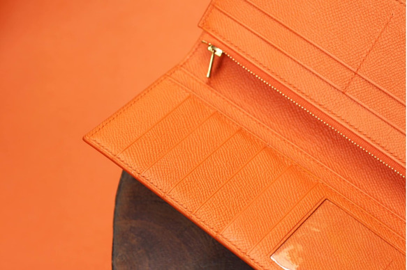 手縫い薄型長財布　エプソン/オレンジ-ブルー　本革 4枚目の画像