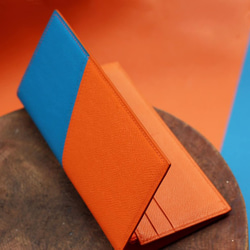 手縫い薄型長財布　エプソン/オレンジ-ブルー　本革 5枚目の画像