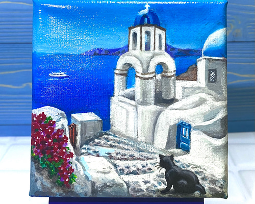 絵画　ギリシャ　スペイン　海　アート Alexioy ギリシャ エーゲ海 油絵 絵画 白い建物 ペイント