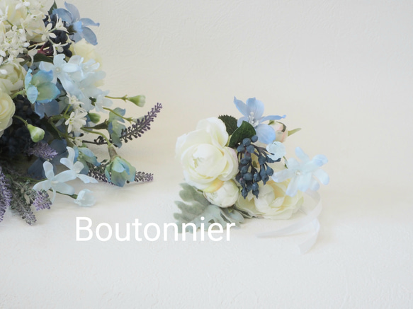 Wedding Bouquet & Boutonnier / White & Blue 10parts