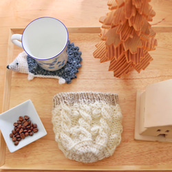 【受注制作】ケメックス ケーブル編み　コーヒーコジー 3カップ用カバー　ミルク＆アイスグレージュ 3枚目の画像